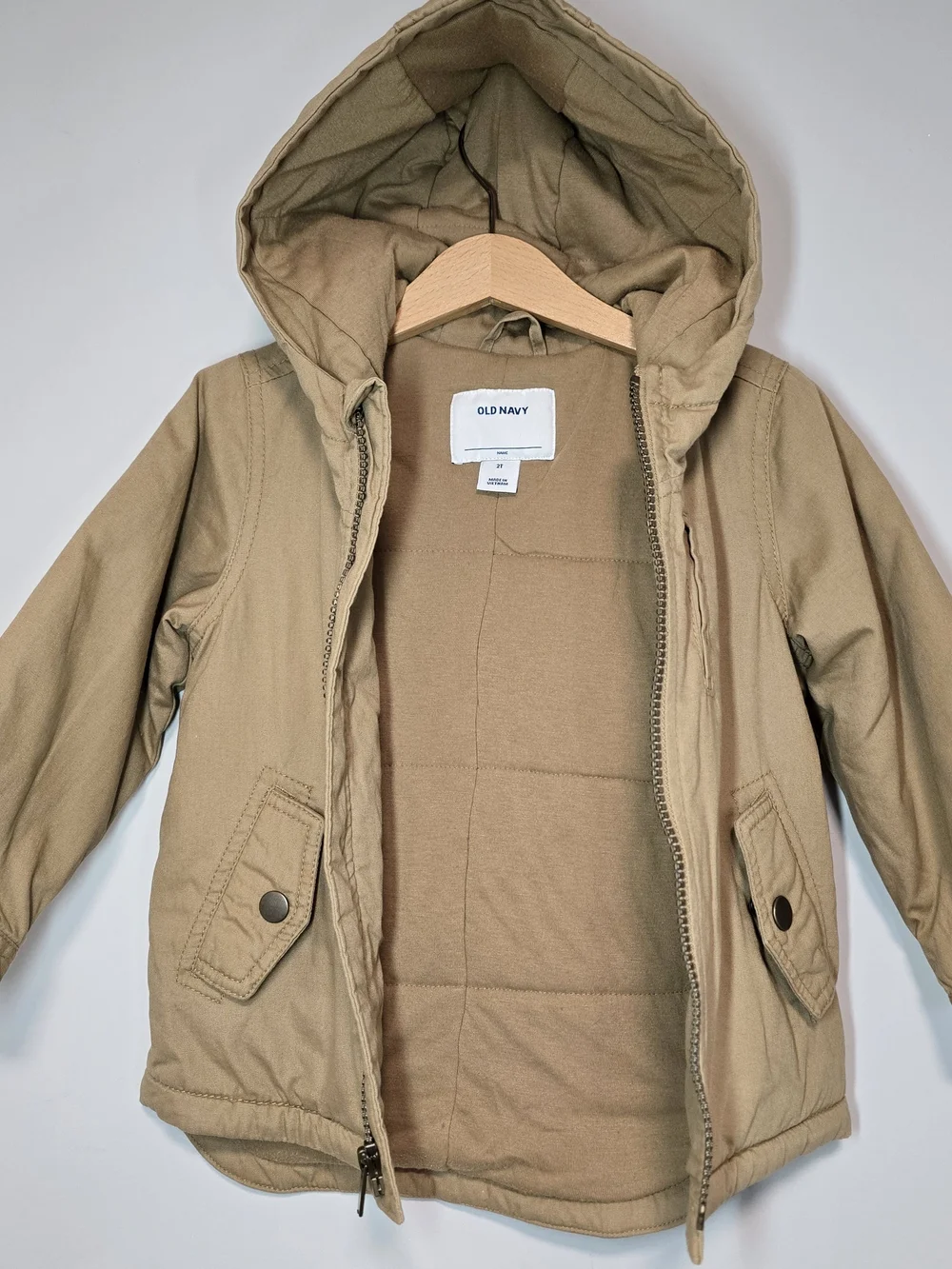 Old Navy Kids' Hooded Jacket in Khaki, Lightweight Warm Fall Style.